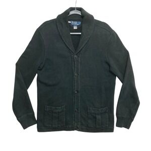 Vintage Polo Ralph Lauren Cardigan Sweater M Black Cotton Blend Shawl Collar